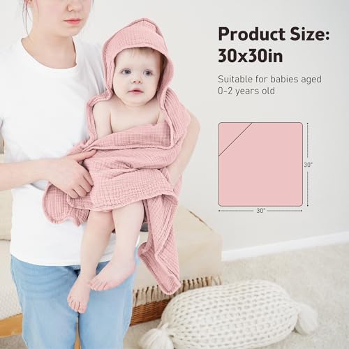 Image of Susurration Hooded Baby Towels for Newborn 2 Pack 100% Muslin Cotton Towel for Babies，Highly Absorbent and Newborn Essential (Pink)