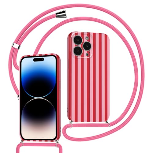Kueqeay Handyband für iPhone 13 Pro 6 1 Hülle mit Band Kette Aesthetic Rosarot Gestreift Striped Motiv Verstellbarer Halskette Handyhülle mit Kordel zum umhängen Silikon Stoßfest Schutzhülle 01