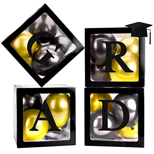 4 Pieces 2023 Black Graduation Party Balloons Boxes With “Class Of 2023” “Gard”Letters, Little Cap Graduation Decorations,20Pcs Black And Gold Balloons For Congrats Grad 2023 Decor #TOP4