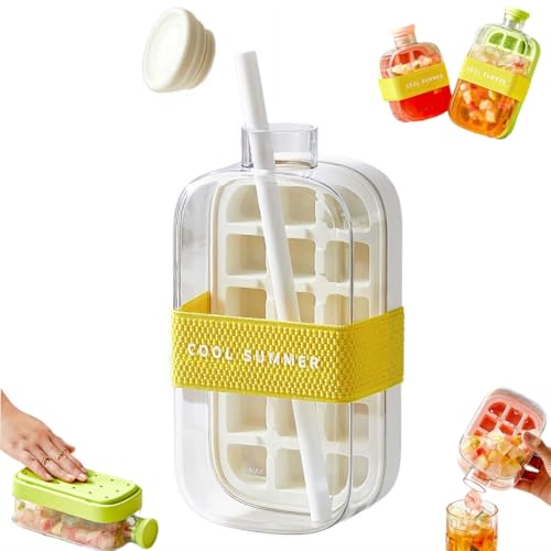 Ice Cube Bottle with Straw, 2 In 1 Touch-Free Ice Cube Tray Water Bottle with Lid and Bin, Push-Type Ice Cube Making Bottle, Easy Release Water Bottle Ice Mold for Coffee Juice Beverage (White 800ml) -  tkerinse, tkerinse-ec764f