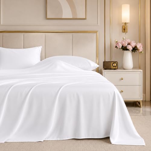 ROSE&RISY White Queen Sheet Set 4 Pieces Soft Bedding Queen Sheet Set Breathable and Cooling Sheets Deep Pocket with 1 Fitted 1 Flat 2 Pillow Cases (White Queen Size)