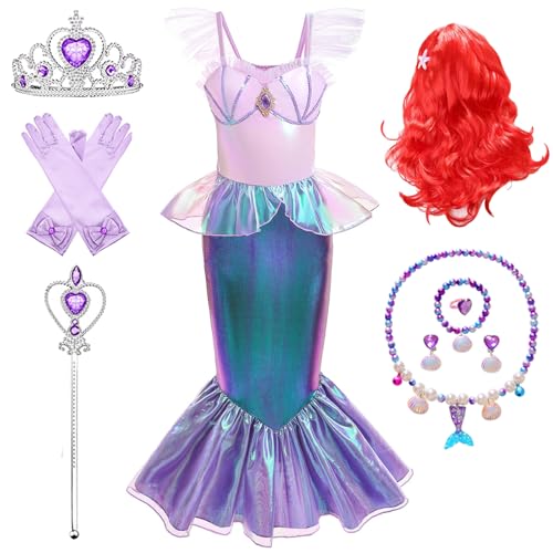 Kosplay Niñas Disfraz de Princesa Sirena con Peluca y Accesorios Vestido de Ariel Princesa Vestido de Sirena Cumpleaños Fiesta Navidad Halloween Carnaval Cosplay Vestirse Chica 100-150