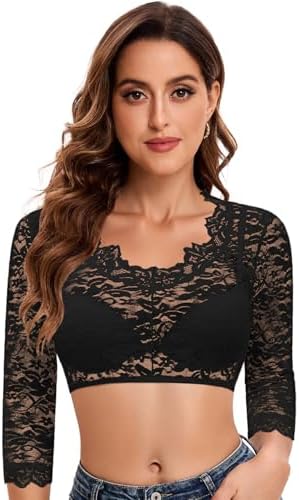 Dirndl Bluse Damen Dirndlbluse Spitze Weiß Trachtenbluse für Oktoberfest | Dirndl Schwarz丨Langarm V Ausschnitt Dirndlbluse丨3/4 Ärmel Spitzenbluse丨Stretch Tracht Bluse丨XS-3XL