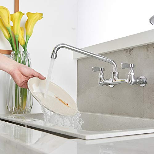 BWE Kitchen Faucet Wall Mount with 12 Inch Swivel Spout 8" Center 2-Handle Commercial Sink Faucet Mixer Tap Polish Chrome Utility Faucet by BWE - Image 5