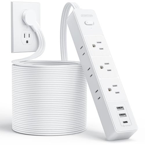 NTONPOWER Flat Extension Cord 25ft, 1080J Surge Protector, 13A / 1625W Overload Protection, Ultra Thin Flat Plug Extension Cord, 6 Outlets 2 USB-A & USB-C, White Extension Cord for Home, Dorm, Office