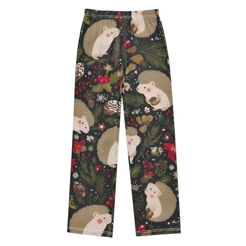 Hedgehog Spruce Branch Floral Boys Long Pants Soft Trousers Elastic Waist Kids Lounge Bottoms with Pockets S-XL