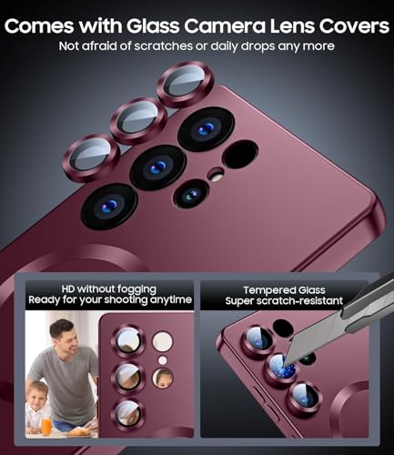 Image of DIZORO Samsung S23 Ultra case Compatible with Mag Safe Matte Luxury Metallic Luster Flexible TPU Shockproof Back Cover with Camera Protector Lens - Wine