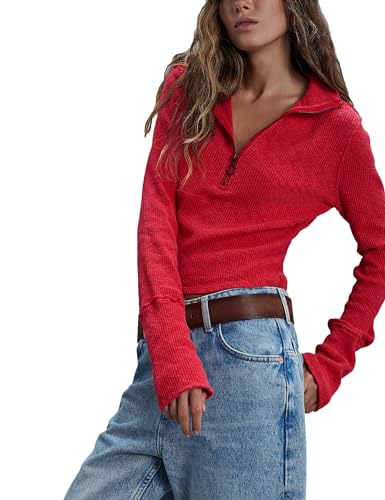 Sweaters for Women Long Sleeve V Neck Ribbed Knit Tops Half Zip Pullover Sweater Casual Slim Fit