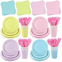 Kochorie 192 Pieces Pastel Party Supplies Disposable Paper Plates Cups Napkins Plastic Forks Knives Spoons for Birthday Baby Shower Festival Party Decor, Serves 24 Guests