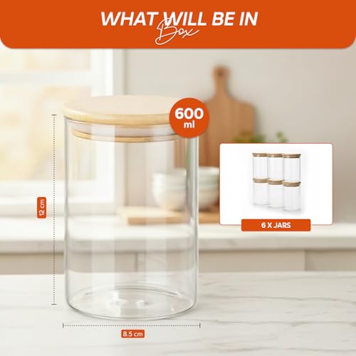 Image of amazon basics Glass Jars with Bamboo Lids, Set of 6, 600ml Borosilicate Kitchen Storage Containers for Tea, Coffee, Sugar, Spices, Dry Fruits & Pantry Organization