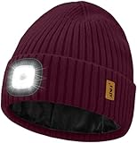 ATNKE LED Luminoso Gorro Sombrero,USB Recargable 4 LED Correr Gorra Manos Libres Lámpara Invierno Cálido Vellón Forrado Punto Beanie Regalos para Hombre y Mujer/Wine Red