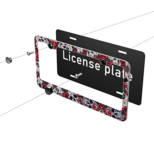 2 Pack Sugar Skull License Plate Frames For Women Roses License Plates Covers Aluminum Stainless Metal License Plate Holder Auto Car Accessories Tag Decorations With 2 Holes Screws Standard Size #TOP4