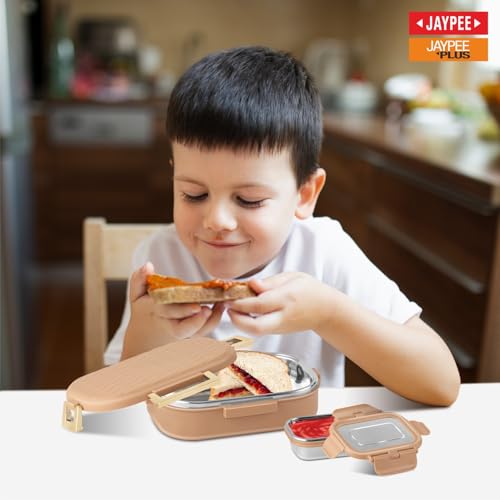 Image of JAYPEE Lux PU Insulated Stainless Steel Lunch Box for School Kids|Airtight Leakproof Lunch Box for Kids Boys & Girls |Unique Design 100% Food Grade |Lunch Box for Office use,580 ml, Brown