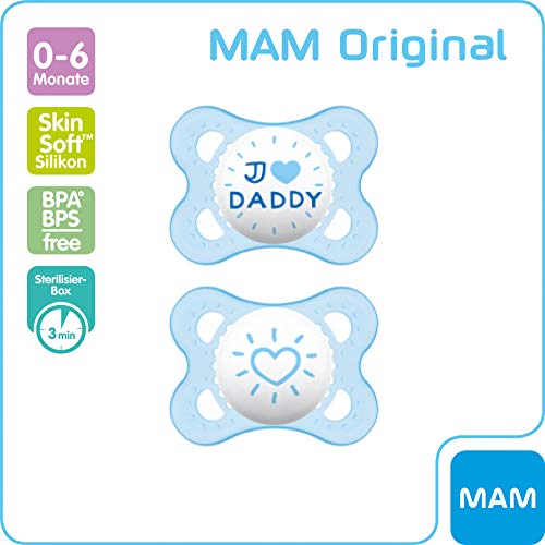 MAM I love Daddy - Juego de utensilios de silicona para bebé (0-6 meses, 2 unidades) azul-Instrucciones en lengua extranjera