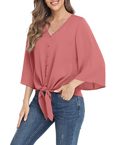 VIISHOW Casual V Neck Tops Fashion 3/4 Sleeve Button Blouses