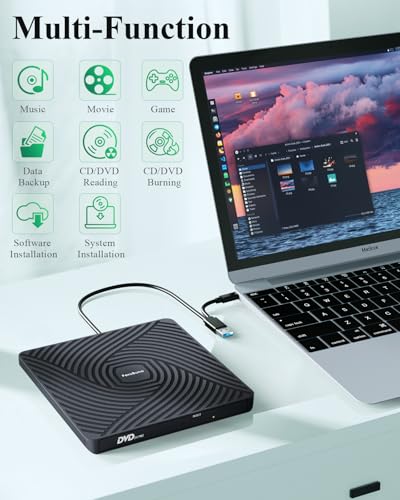 Image of PeroBuno External CD DVD Drive, USB 3.0 Type-C Optical Drive, 0.5-inch Ultra-Slim Portable DVD CD ROM Disc Player Reader Writer Rewriter Burner Recorder for Laptop PC MacBook Windows Linux Mac OS