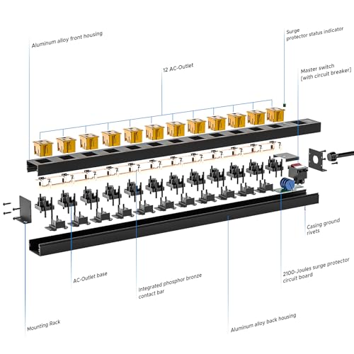 CRST Regleta de alimentación de 12 salidas, protección contra sobretensiones de 2100J, enchufe plano, barra de energía montable de metal con interruptor térmico de 15A, cable de extensión 14AWG de 6 pies para taller y garaje miniatura 6