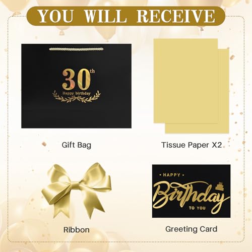 Image of JMANNI Black Gold 30th Birthday Gift Bag with Card and Tissue Paper, 12.6 inchx9.84 inchx3.9 inch Elegant Present Bag for Adults, 30 Year Old Birthday Keepsake Party Supplies