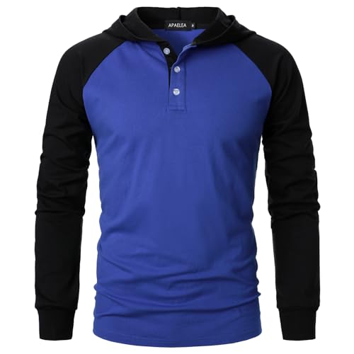 APAELEA Camiseta con Capucha Hombres Sudadera con Capucha de Manga Larga Pullover de Fitness,Negro-Azul,XXL