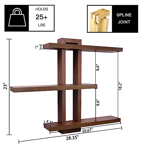 Image of yaqew Variable Floating Shelves Wood Set of 3, Cube Wall Mounted Shelves 28.35 inch Max, Wall Shelves for Living Room Bathroom Bedroom Farmhouse - Light Walnut Color - 28.35 inch x 23 inch x 4.3 inch Max