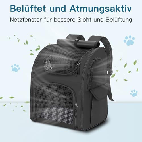 Hunderucksack bis 10kg, Haustier Rucksack mit Netzfenster, Faltbare Katzenrucksack Hunde Rucksack, Atmungsaktive und Leichte Dog Cat Backpack mit Innerer Sicherheitsleine und Haustiermatte - Schwarz