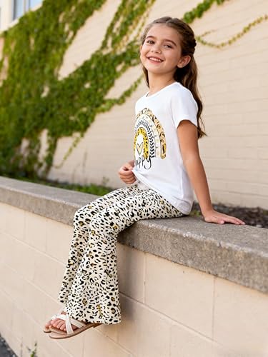 Image of Ayzozuy Kids Toddler Girl Clothes Letter Print Graphic Top + Leopard Print Flare Leg Pants 2PC Summer Clothing Set