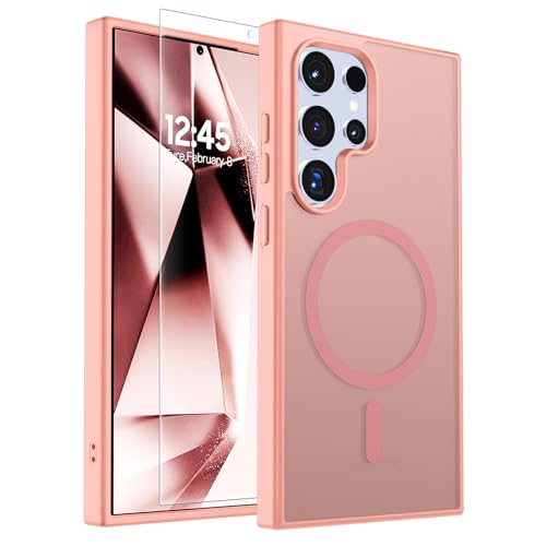 Image of SUPFINE Magnetic for Samsung Galaxy S24 Ultra Case with Screen Protector, (Built-in Magnets) (Military Grade Drop Protection) Slim Translucent Shockproof Phone Case,Light Pink