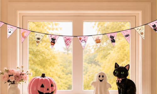 Image of Pink Halloween Banner with 12 Fabric Triangle Pennants, Coquette Bow Ghost Black Cat Pumpkin Garland, Cute Farmhouse Halloween Decor for Bedroom, Kitchen, Party, Ready to Hang, 13FT