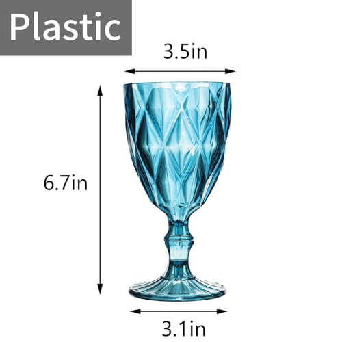 Image of Vintage Wine Glasses Set of 4, Plastic Reusable 12 Ounce Colored Water Goblets, Unique Embossed Pattern Unbreakable Stemmed Wine Glasses, High Clear Wedding Party Bar Drinking Cups Multicolor