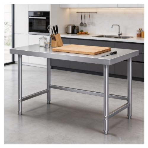 Single-Tier Stainless Steel Workbench Thickened Top Reinforced with Crossbeams H60/80 Cm (23.6/31.5') Outdoor Work Table Triangular Reinforcement Compartmentalized Storage Screw-Assembled