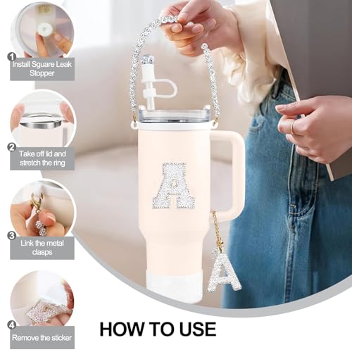 Hpebl 8PCS White for Stanley Cup Accessories 30/40 OZ Silver Bling Rhinestones Initials Charms for Stanley Decorations Tumbler Accessories Set Including Diamond Straw Topper,Spill Stopper(Letter R) - image 4