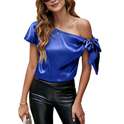 VIDUSSA Women's Off Shoulder Silk Tops Casual Short Sleeve Asymmetrical Neck Satin Blouse Shirts 3X-Large Blue