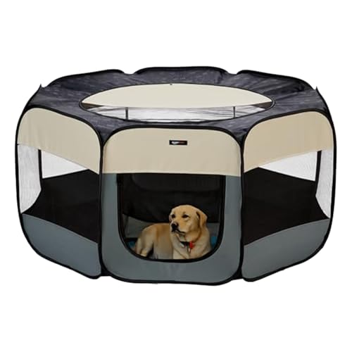 Image of amazon basics, Foldable Soft Pet Playpen Indoor Pet Fence Enclosure with Mesh Window, Lightweight and Durable for Travel, Large | 120cm x 120cm x 59cm