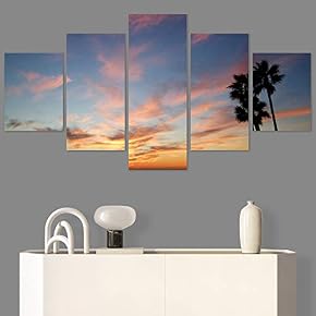 SIGNWIN 5 Panel Canvas Wall Art Palm Tree...