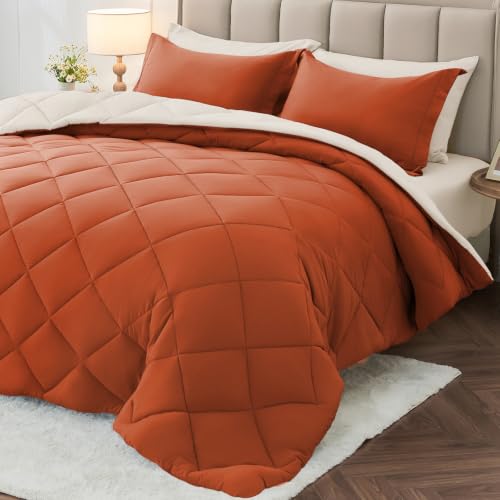 King Comforter Set 7 Pieces, Reversible Bed in a Bag, Burnt Orange/Beige