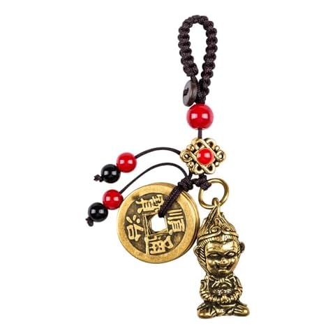 Mansiyuyee The Monkey King Sun Wukong Statue Keychain with Five Feng Shui Coins, Zodiac Monkey Lucky Charms Good Luck Keychain Tassel Cover