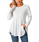 OLRAIN Women Long Sleeve Tunic Shirts Casual Round Neck Loose Fit Flattering Asymmetric Hemline S...