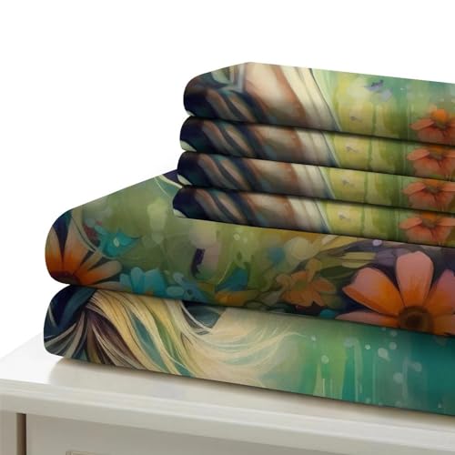 Housse de couette fleurs et chevaux lit double avec taies d'oreiller