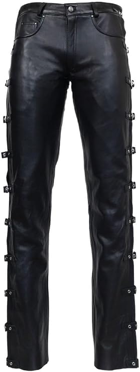 Genuine Leather Pants for Men Black Bikers Pants 100% Real Lambskin Leather with Side Buckles3