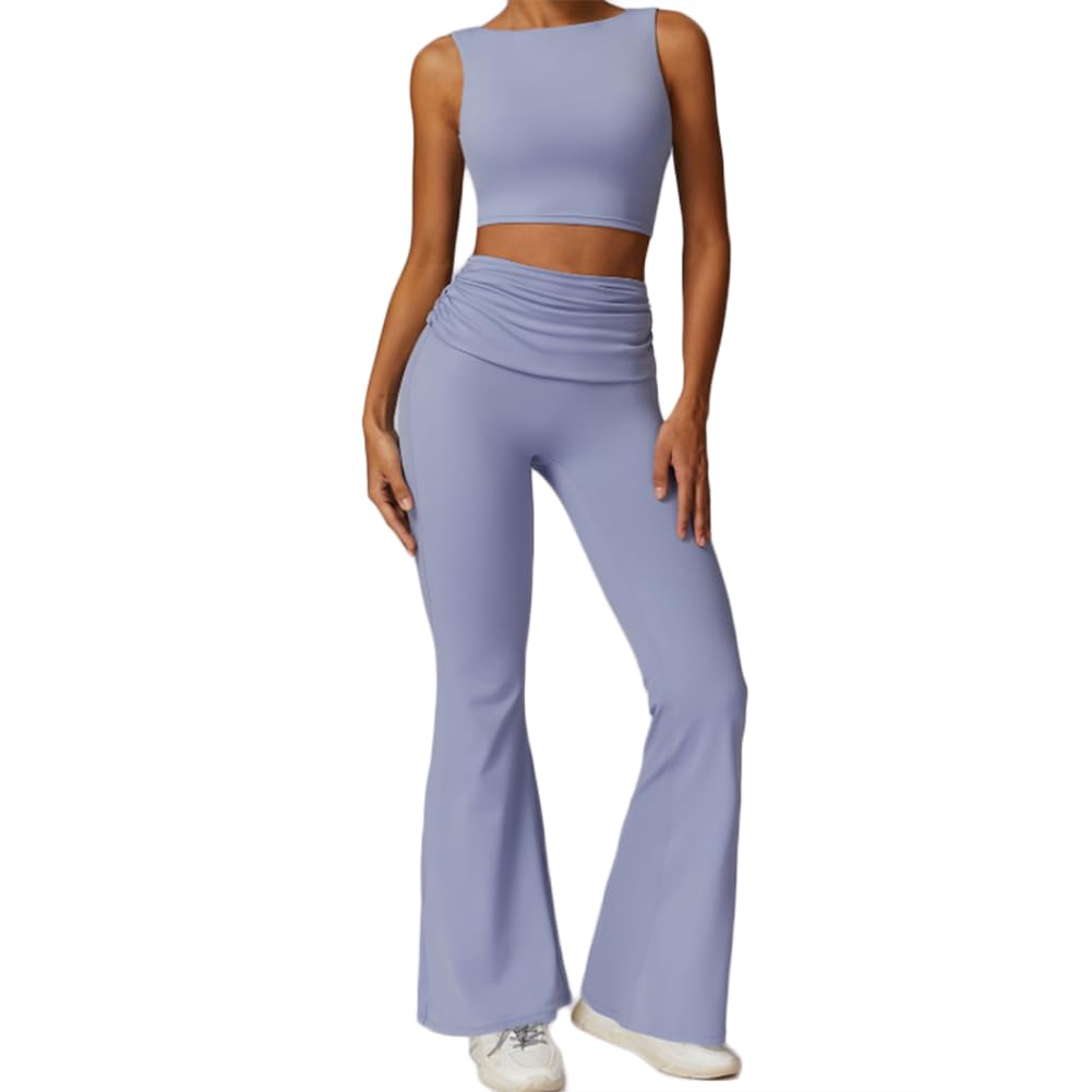 JPXJGT 2 Piece Activewear Yoga Clothes Control Quick Dry Gym Flare Pants and Bra Set(Size:S,Color:Blue)