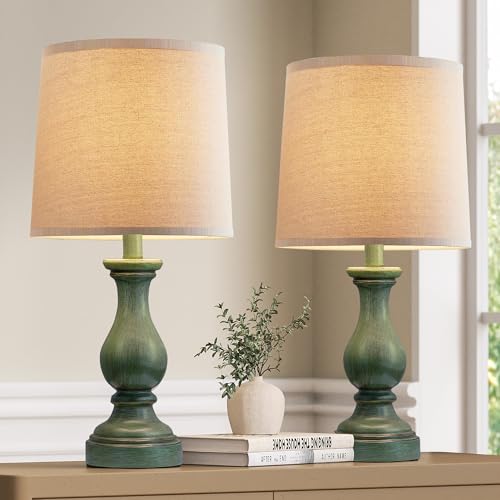 Seealle Farmhouse Table Lamps Set of 2 - Rustic Lamp for Bedroom Living Room 22 Boho Bedside Lamps for Night Stands End Table Office Desk Lamp Nightstand with Linen Shades(Antique Green)