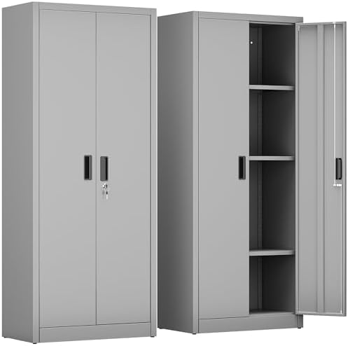 Metal Storage Cabinet with 2 Doors and 3 Adjustable Shelves, Lock...