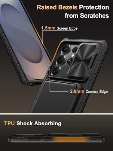 Image of Vihibii for Samsung Galaxy S25 Ultra Case with Card Holder (4 Cards), RFID Blocking & Slide Camera Cover, Military Grade Drop Protection, Rugged Hard Back & Silicone Edge Wallet Case, 6.9 inch 2025, Black