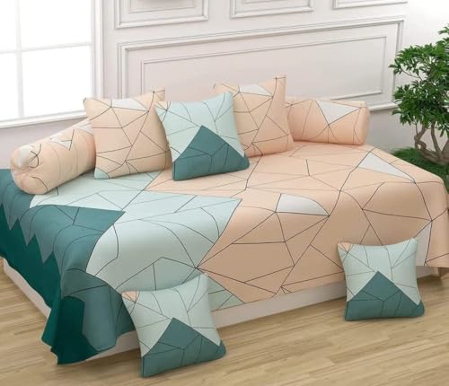 Image of NHD HOME diwan Set for Living Room, diwan Set Covers Glace Cotton, diwan Set 8 Pieces (1 Single Bedsheet, 5 Cushion Covers, 2 Bolster Covers) (Color-Yellow Blue & Orange)