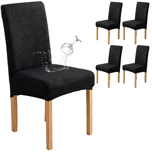 Image of Genina Waterproof Dining Chair Cover Set of 4,Large Chair Cover,Black | Stretch Dining Room Chair Slipcovers with Leaf Jacquard,Removable Kitchen Chair Protector for Home,Restaurant,Banquet