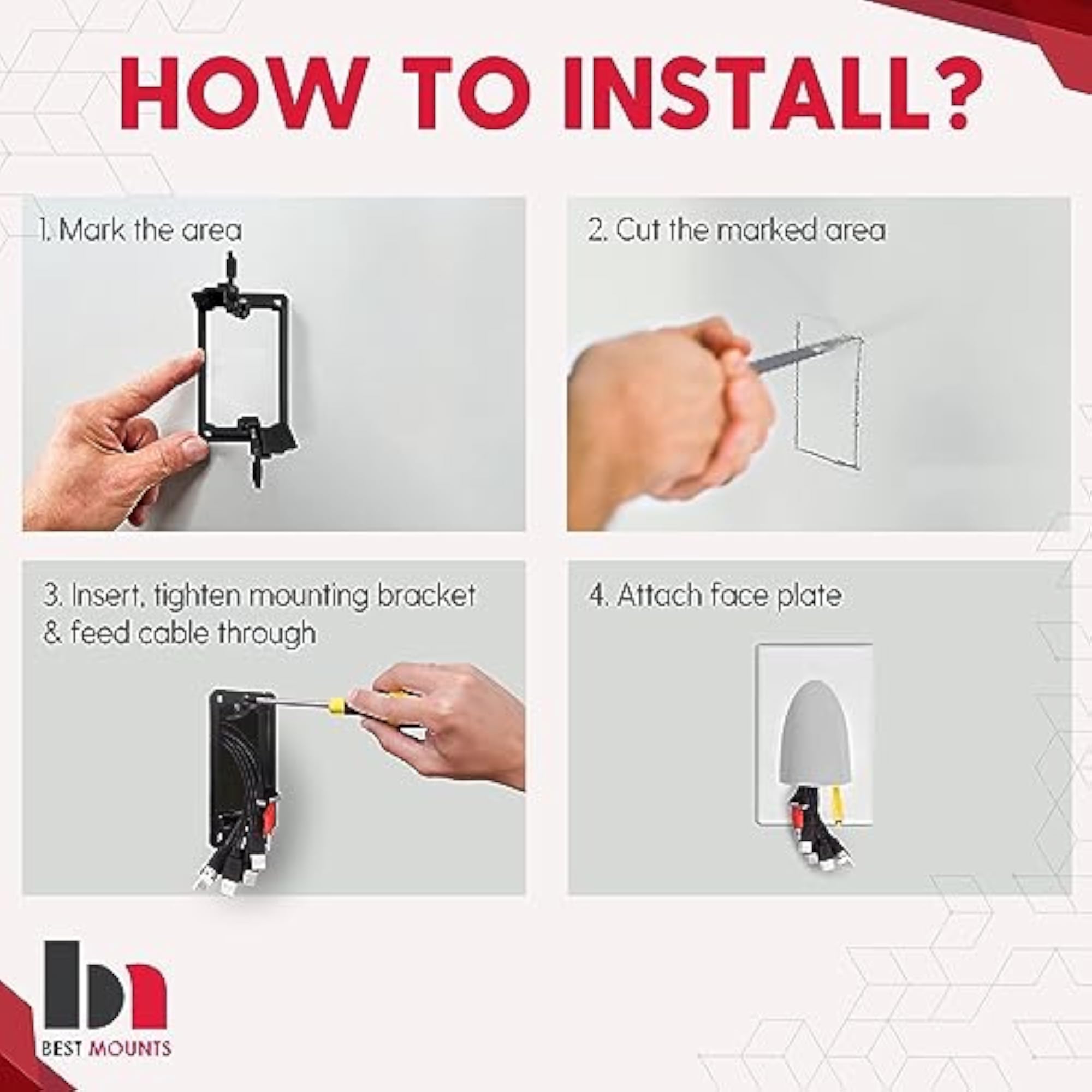 BestMounts In Wall Cable Management 1-Gang Low Voltage Cable Plate