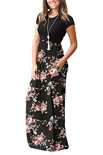 Grecerelle Women's Short Sleeve Floral Print Loose Plain Maxi Dresses Casual Long Dresses With Pockets Fp-Rose Black Medium #TOP1