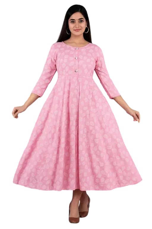Raj Fashion Women's 3/4th Sleeves Round Neck Floral Foil Printed Calf Length Flared Pleated Light Pink Ethnic Gown-picture-45