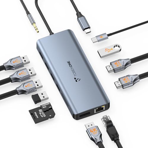 TobenONE USB C Docking Station 3 Monitors, 13 in 1 Laptop Docking Station Dual Monitor with 2 HDMI 4K, DP, 100W PD, 5 USB, Ethernet, SD/TF, Mic/Audio, USB C Hub for Dell HP Lenovo Surface Chromebook