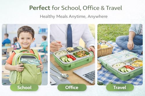 Image of TEC TAVAKKAL 4 Compartment Leak-Proof Lunch Box with Extra Steel Bowl & Lid, 900ML Bento Lunch Box | BPA Free | Includes Spoon, Fork & Chopsticks, Dishwasher Safe, Food Grade Durable Material (Green)